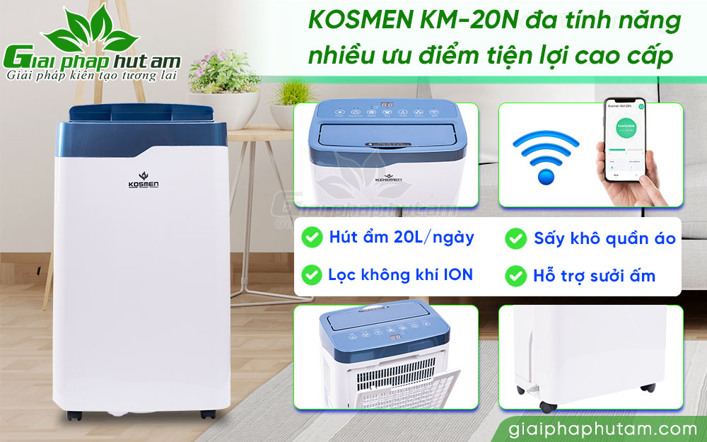 Máy hút ẩm Kosmen KM-20N tích hợp 4 tính năng trong 1