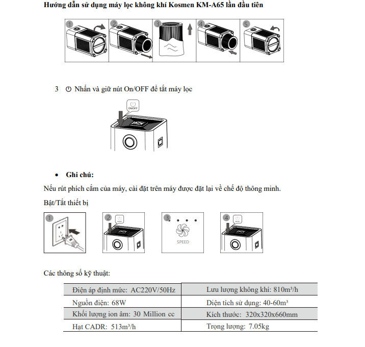 Hướng dẫn sử dụng máy lọc không khí Kosmen KM-A65