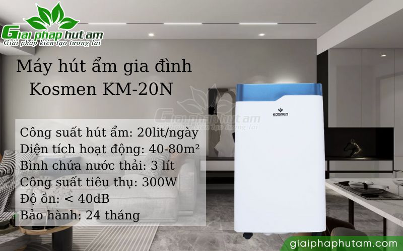 Máy hút ẩm Kosmen KM-20N có công suất hút ẩm 20lit/ngày