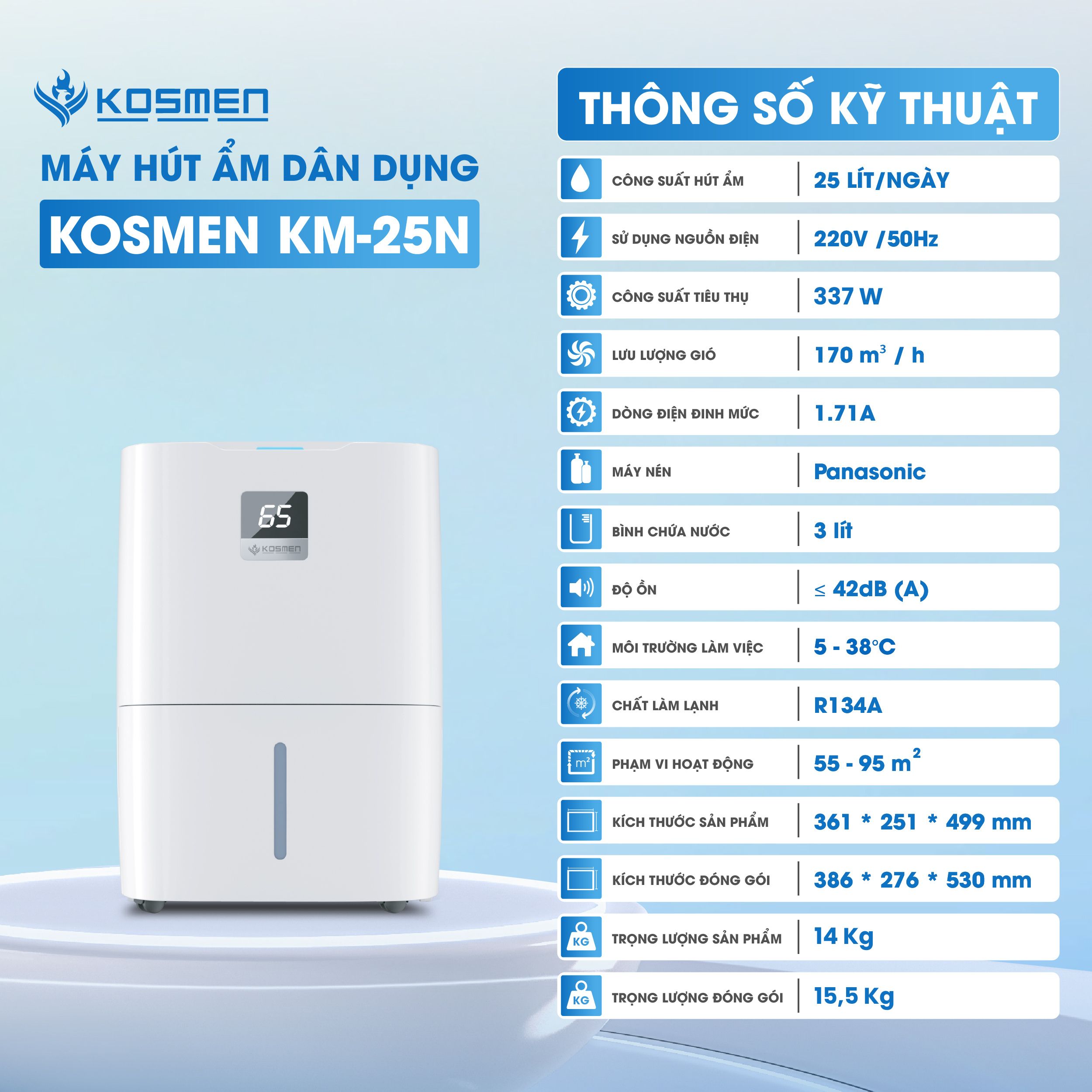 Bảng thông số Máy hút ẩm Kosmen KM-25N (25 Lít/24h)