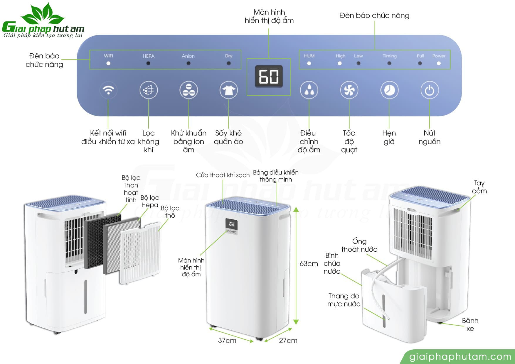 Bảng thông số Máy hút ẩm & lọc không khí Kosmen KM-30N (30 Lít/24h)